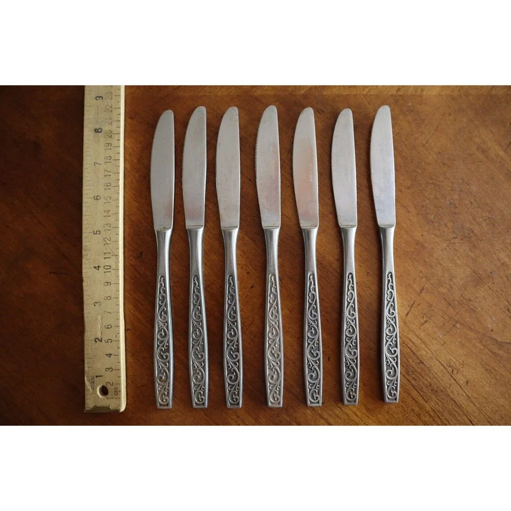 Lot 7x Imperial International IIC DAVOS Stainless Black Floral Dinner Knive 8.6